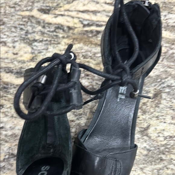 Sorel Black Joanie Leather Ankle Tie Wedge Sandals - Picture 3 of 5